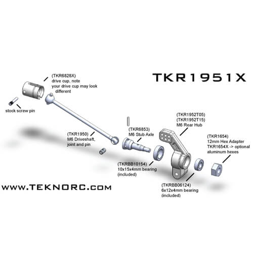 Arbres de transmission et porte-fusées Tekno M6 (Slash 2WD, Nitro Rustler/Stampede, arrière) - TKR1951X