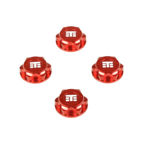 Tekno Wheel Nuts (T Logo, 17mm, serrated, red anodized, M12x1.0, 4pcs) - TKR5116BR
